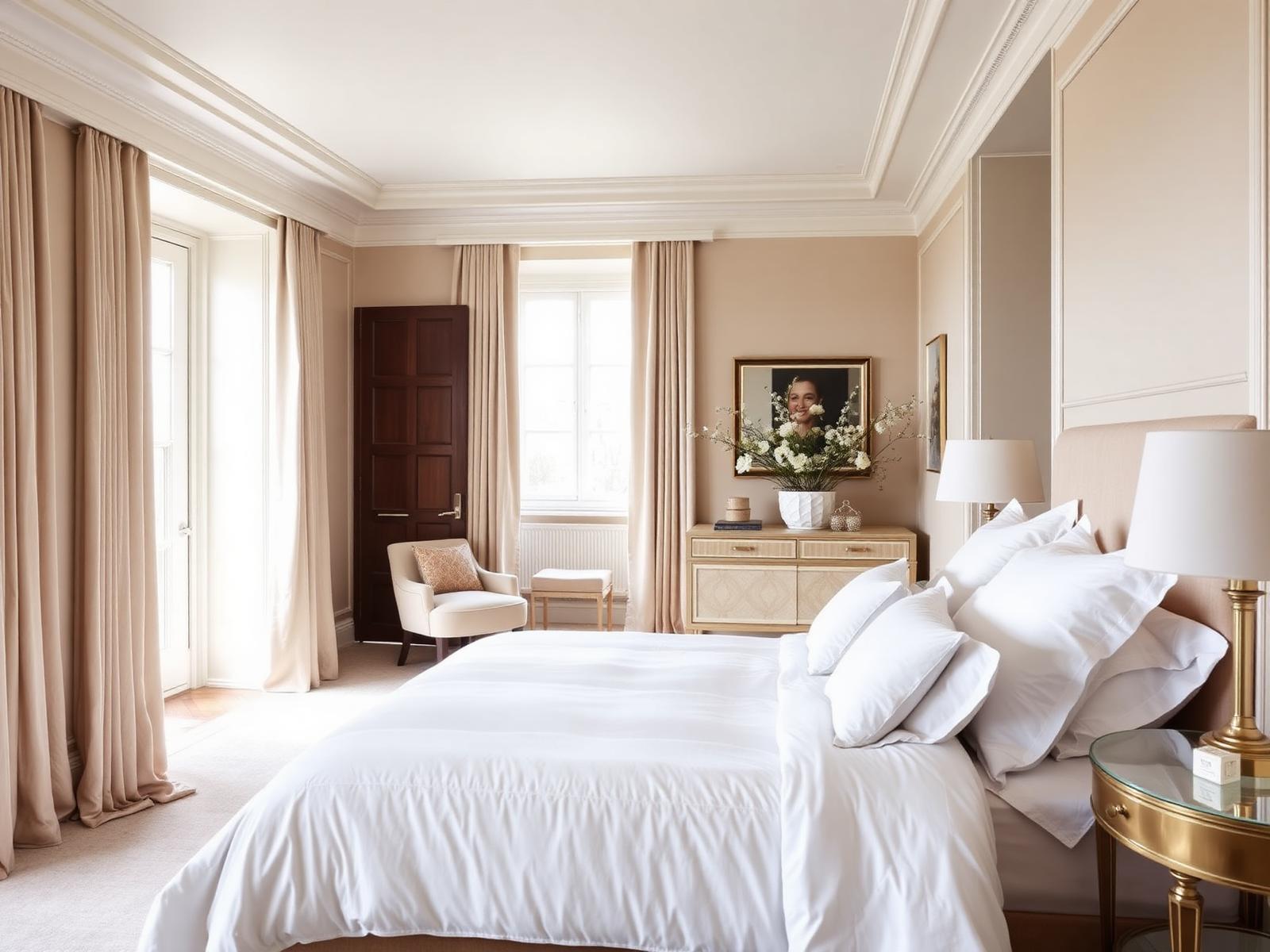 A styled luxury bedroom with crisp linens