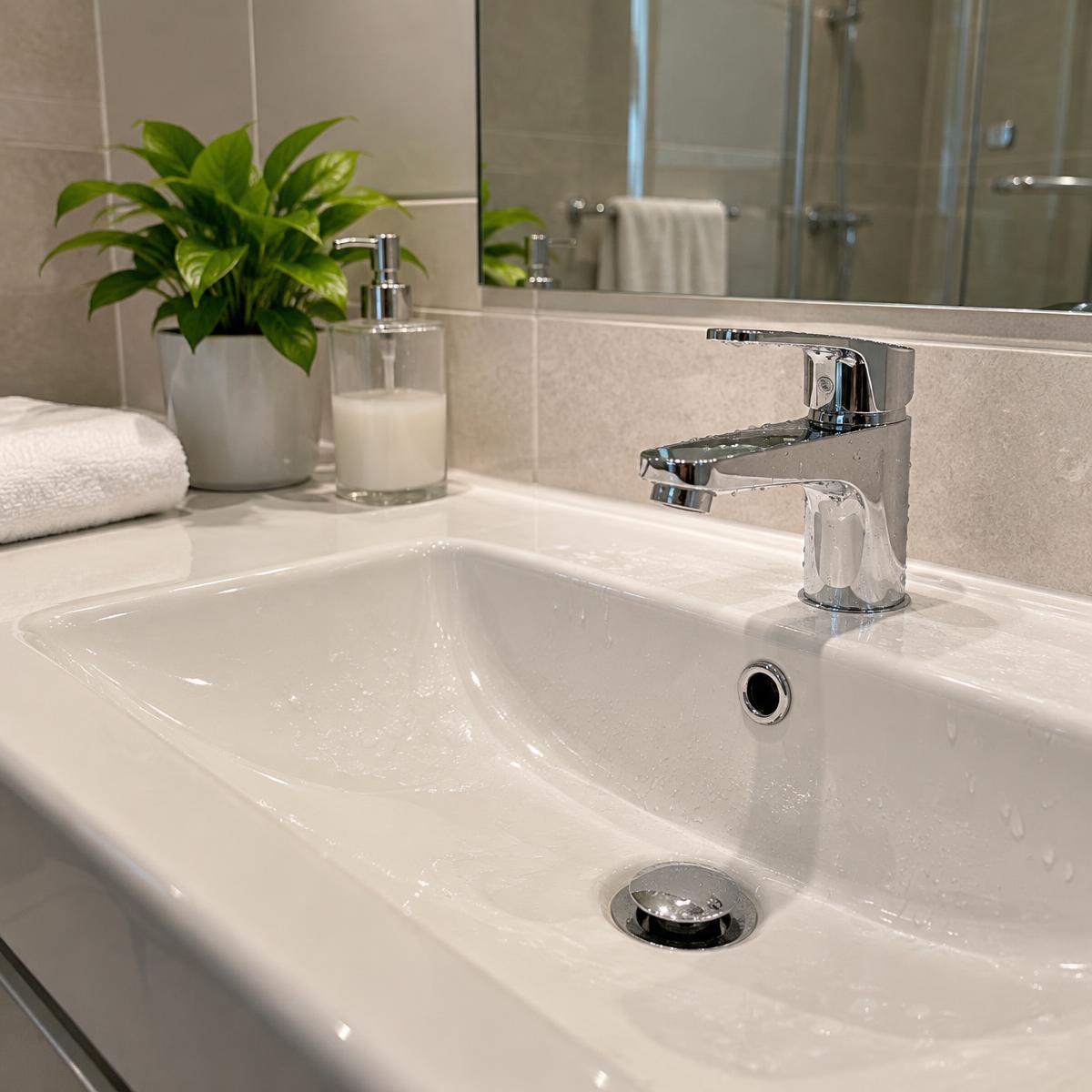 Spotless bathroom sink and polished faucet after a detail clean