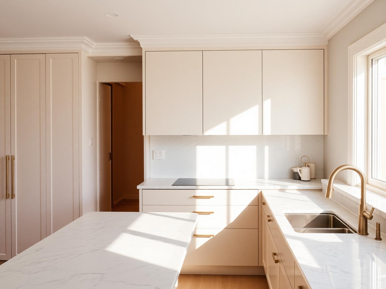 Marble countertops and champagne gold hardware in a finished kitchen